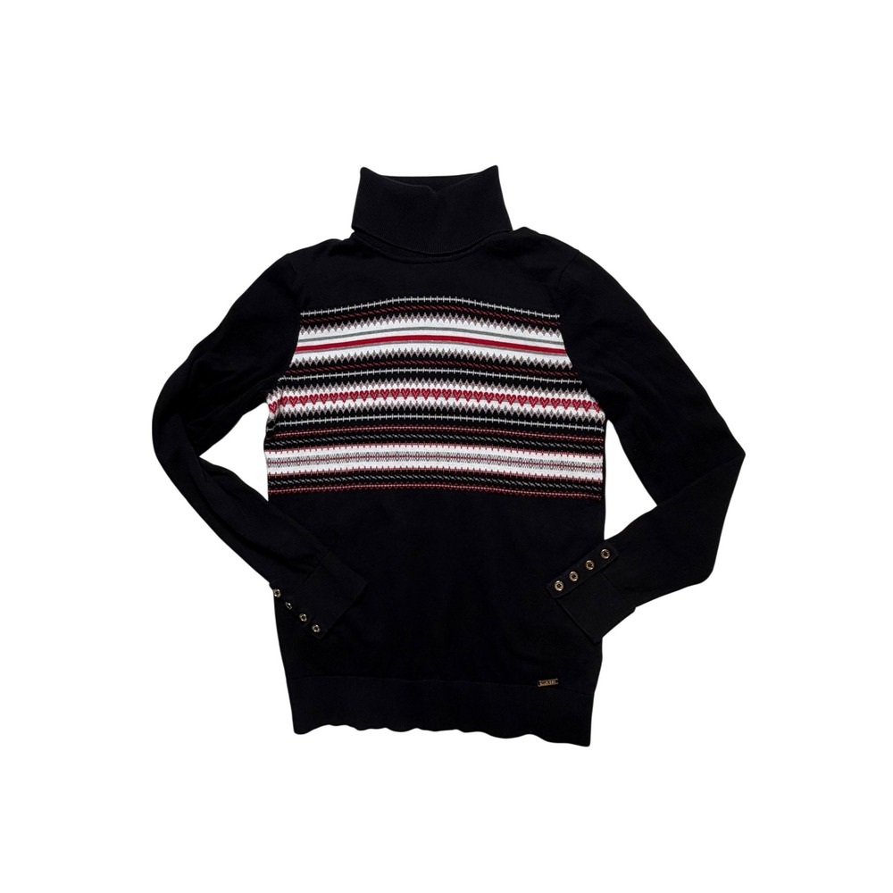 Tommy Hilfiger Womens Black Fair Isle Turtleneck Sweater Cotton Gold Buttons